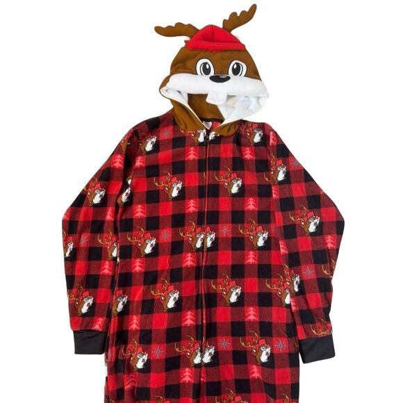 Buc-ees Christmas One Piece Pajamas Size S/M Beaver Reindeer Plaid Hooded Zip Up - Picture 4 of 14